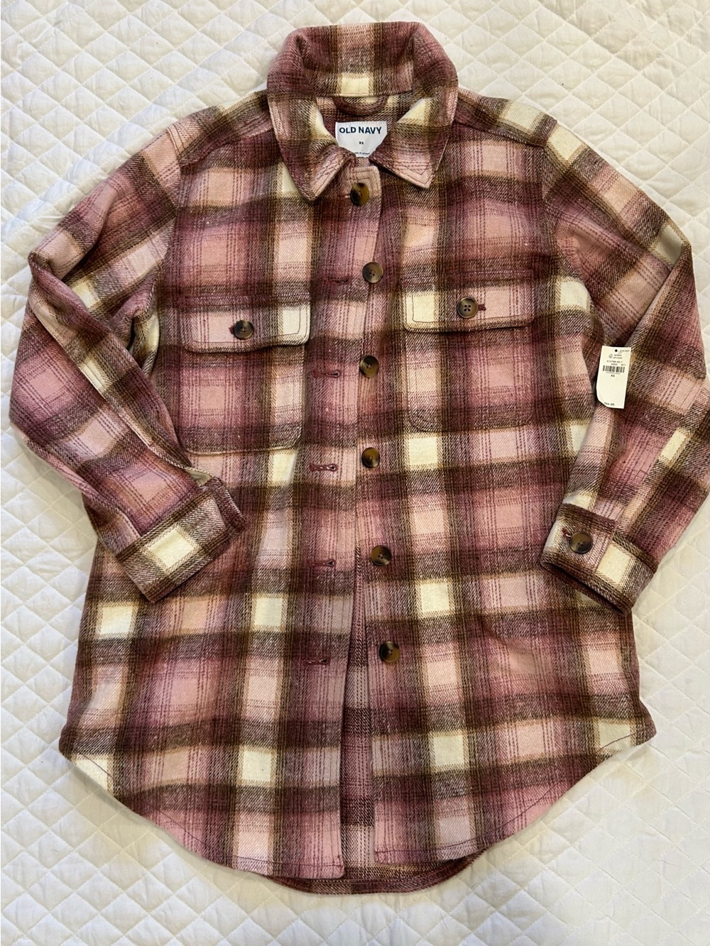NWT Old Navy Plaid Soft-Brushed Utility Shacket - Pink & Brown